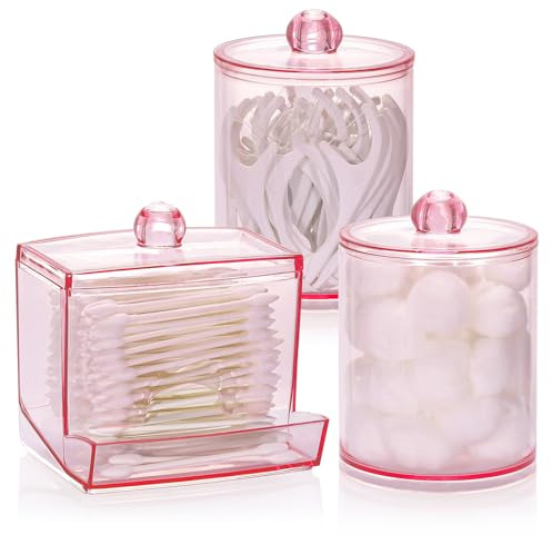 Tbestmax Pink Qtips Dispenser Bathroom Container, 10/12 oz Big Cotton Ball Holder, Apothecary Jar Organizer for Storage Cotton Swab, Round Pads, Floss Picks