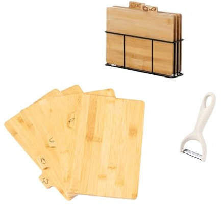 Planche à Découper en Bambou pour Cuisine - Set de 4 Planches en Bois avec Support pour Plan de Travail et Éplucheur - pour Poissons, Viandes et Légumes