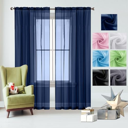 GAIFNAG Gardinen Gestreift Transparent 240 x 200 cm Transparent in Leinen-Optik Waschbar in Vielen Bunten Farben Fadengardine Fadenvorhang Fliegenvorhang für Hotels Büros Wohnzimmer, Dunkelblau