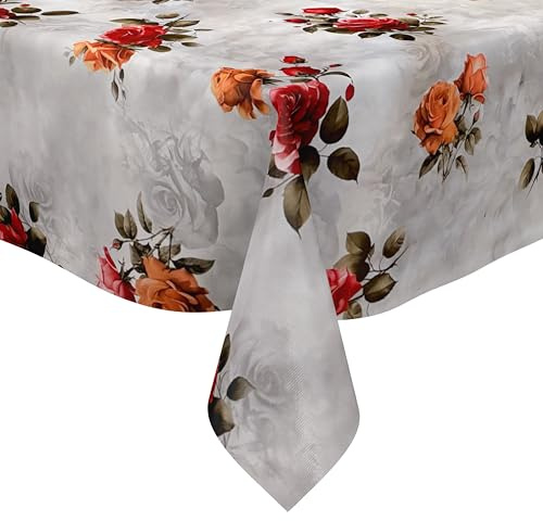 KEVKUS Wachstuch Tischdecke 01748-01 rote und orangene Rosen auf grau wählbar in eckig, rund und oval - Größe eckig 100x140cm Schnittkante