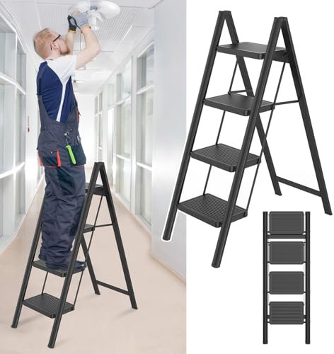 NAIZY Escalera plegable de 4 peldaños, pequeña escalera con plataforma ancha, escalera plegable de metal, capacidad de carga hasta 270 kg