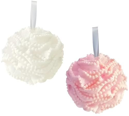 Éponge de bain, lot de 2 éponges de douche, éponge en dentelle avec boules, jolie éponge de bain, fleur de bain avec ruban, peaux sensibles, éponge blanche et rose