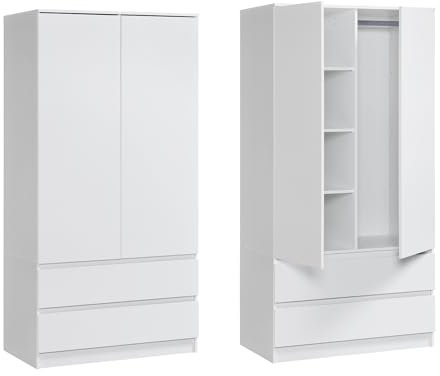 Home Collective Moderner Kleiderschrank Weiß mit Schubladen | 2-türiger Garderobenschrank mit Regalböden, Kleiderstange und 2 Schubladen für Schlafzimmer, Kinderzimmer, Flur | 90x51x182 cm (LxBxH)