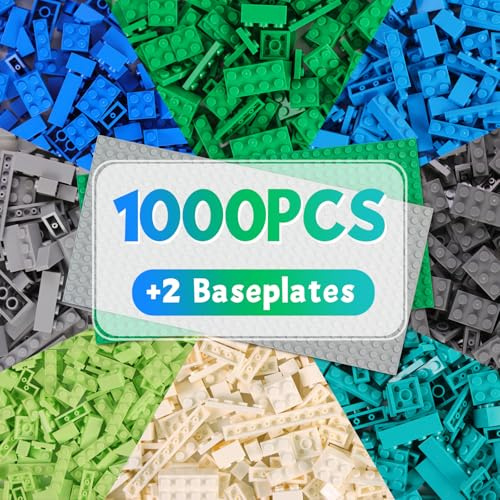 HIUME Set Di Mattoncini Con 1000 Pezzi E 2 Basi – Blocchi Compatibili, 8 Colori, 19 Forme, Giocattolo Da Costruzione Per Bambini Dai 6 Anni, Building Blocks. (Colori Maschili)