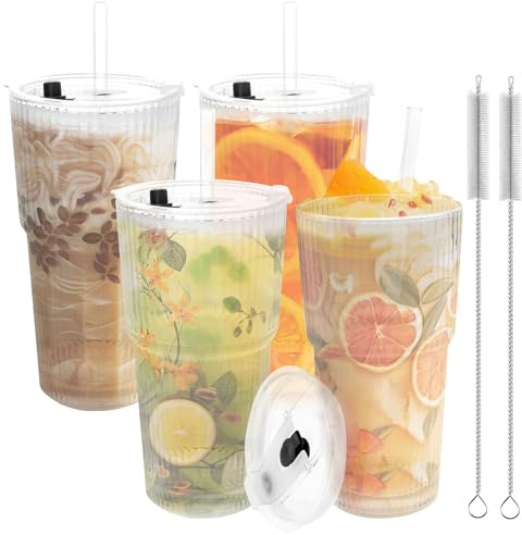 harupink Uppsättning med 4 glas med lock och sugrör, 600 ml dricksglas med lock, med rengöringsborste glas juiceglas, vattenglas för iskaffekoppar, limonader, smoothies, öl, cocktails