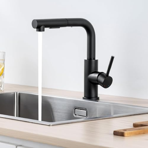 Lonheo Niederdruck Wasserhahn Küche Armatur mit ausziehbarer Brause | Niederdruckarmatur für drucklose Untertischgeräte/Kleinspeicher, Geschirrbrause mit 2 Strahlarten, 360° Schwenkbar, Schwarz