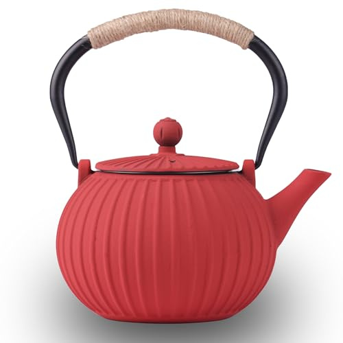 Théière japonaise en fonte 1200 ml – Intérieur avec revêtement en émail et infuseur amovible en acier inoxydable, passe sur la cuisinière pour cérémonie du thé (rouge)
