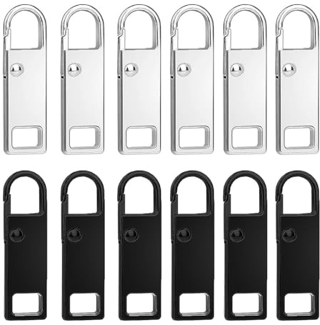 12 Piece Zipper Pull Replacement, Replacement Zipper Pulls, Zip Puller Replacement, Zip Tags Pulls, for Luggage Clothing Suitcase Purses Zipper(Black/Silver)