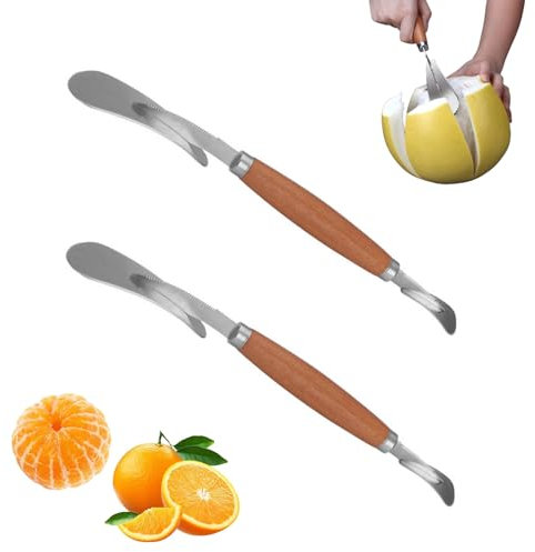 2 pezzi Peeler arancia professionale curvo pompelmo coltello in acciaio inox agrumi strumento di apertura con manico in legno per cucina