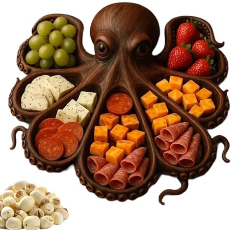 Bandeja de madera para servir - Diseño único de pulpo, bandeja para embutidos | Bandeja de cocina resistente para quesos, mariscos, picnics, cenas temáticas y entretenimiento al aire libre.