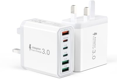 2 Pack USB C Plug UK 55W, Tupneuf 6-Port Multi USB Charger with 25W PD & 18W QC 3.0, Type C Fast Charger for iPhone 17 16 15 Pro Max, iPad Pro Air, Samsung Galaxy S25 S24, Office Travel, White