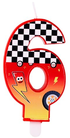 Geburtstagskerze mit Rennsport-Thema, Rot Karierte Zahlenkerze mit Blitz und Autoradmustern für Geburtstagsfeier Babyparty Rennwagen-Mottoparty Dekoration(Nummer 6)