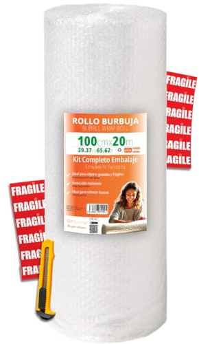 OFITURIA Papier Bulles Emballage 100cm x 20m – Kit Complet avec Cutter + 12 Étiquettes “FRAGILE” – kit déménagement complet, papier bulles pour emballage colis