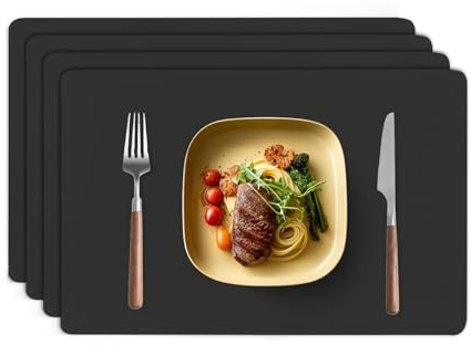 TAZAMI Silicone Placemat for Table set of 4 Reusable Washable Non-Slip Nonstick Heat Resistant Waterproof Craft Mat Placemats for Kitchen Baking Restaurant Office Desk 30X40cm(Black)