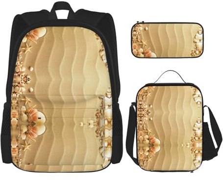 Migpkd Beach Sea Shell Sand School Bag Pencil Case Lunch Bag Combinationbackpack for Kids School Bookbag