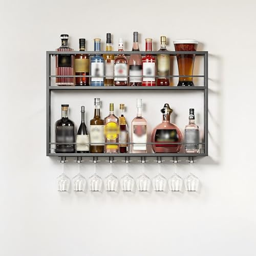 Botellero De Pared Con Portavasos, Multifuncional Botellero Vino, Hierro, Soporte Flotante Para Exhibición De Vino, Para El Hogar, Restaurante, Bares, Vinoteca(Sin Luz),Negro,Oro(Black,47.2IN/120CM)