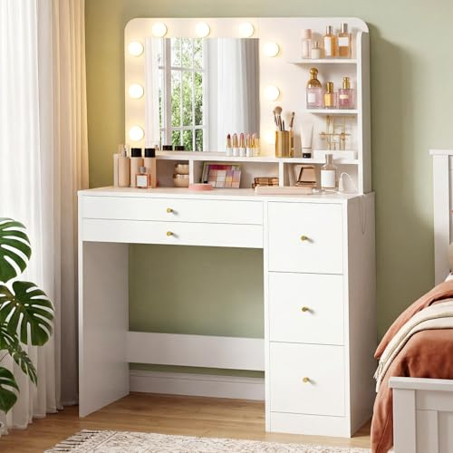 RALGEND Toeletta Trucco con 5 Cassetti con Specchio e LED Regolabili, Tavolo da Trucco con Specchio con Stazione di Ricarica, Postazione Trucco per Camera da Letto e Cabina Armadio, Bianco