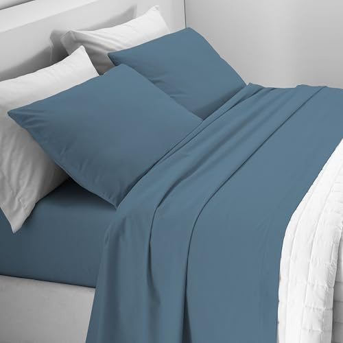 Mahome Set Completo Letto Tinta Unita in Pregiata Flanella 100% Cotone con Trattamento Antipalline - Completo Lenzuola Calde Morbide Artigianali Alta Qualità Made in Italy (Blu, Piazza e Mezzo)