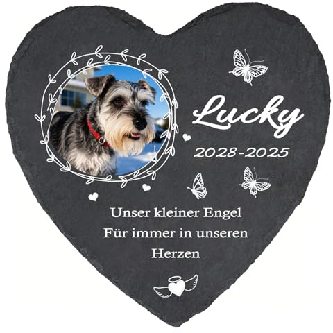 MOMGEGE Personalisierter Herz Haustier Gedenkstein aus Naturschiefer mit Foto Namen – Gedenktafel für Hund oder Katze – Liebevolles Trauergeschenk bei Tierverlust (005)