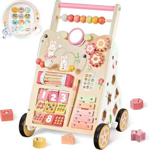Lauflernwagen aus Holz für Mädchen und Jungen, Montessori-Aktivitätszentrum für Babys, einstellbare Geschwindigkeit und Höhe für Kleinkinder, pädagogisches Schiebespielzeug für Kinder BPW668 (Rosa)