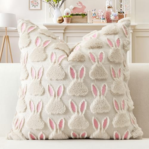 Artscope 1er Set Wolle Kissenbezug Weicher Plüsch Kurzer Wollsamt Dekokissenbezuge Sofakissen Ostern Kissenhülle für Sofa Schlafzimmer Rosa Ohren Kaninchen Creme Beige, 40x40cm
