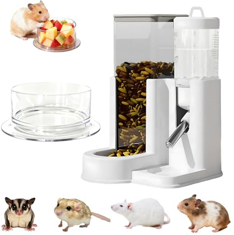 2-in-1 Hamster Water Bottle & Automatic Feeder, All-in-One Small Animal Cage Accessories with Snack Bowl for Hamsters, Mice, Gerbil and Sugar Gliders (Gray)