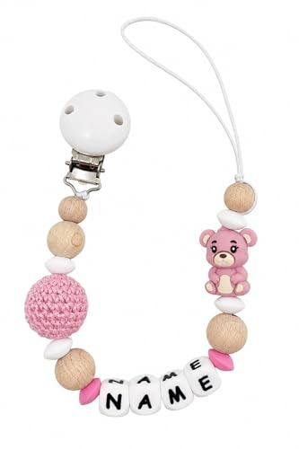 Individuell gestaltetes Babygeschenk personalisiertes Schnullerkette mit Namen für Mädchen oder Junge Baby Geschenk personalisiert zur Geburt & Taufe (Bär) (alt rosa)