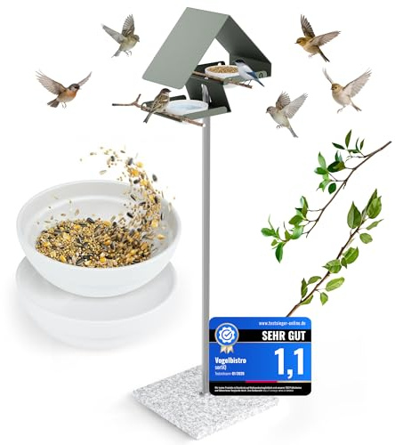Vogelhaus mit Ständer wetterfest aus Metall [Vogel-Bistro-Futterhaus] - Vogelfutterhaus mit massivem Granit-Standfuß & 2 Schalen für Futter & Wasser | Design-Vogelhaus 130cm hoch stehend | sortiQ