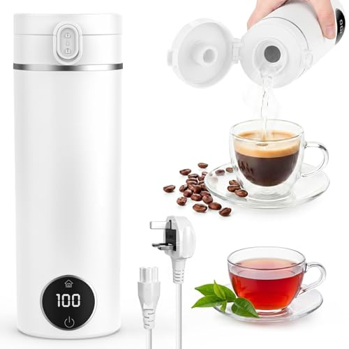 Electric Travel Kettle, 450ML Portable Mini Kettle with 6 Temperature Settings, 304 Stainless Steel Small Kettle for Camping Bedroom Holiday (White)