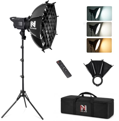 NiceVeedi 90W Softbox Lighting Kit, 2700-6500K LED Photography Light with 16.5” Quick-Release Softbox/Bowens Mount/Grid/Cooling System/Remote/Tripod, 90W Video Light for Recording/Streaming/Portrait