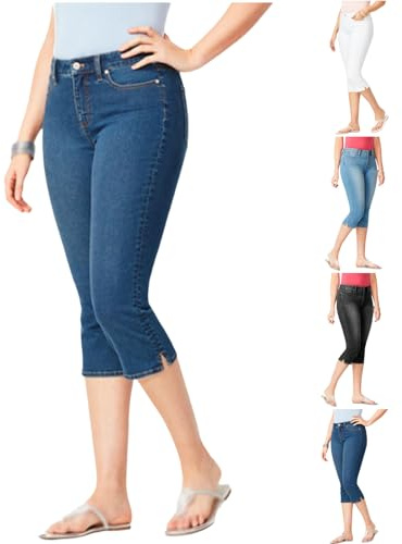 Dam stretch denim caprijeans, trendig medelhög midja sidoslitsfåll stretch skinny denim capribyxor ledig sommar, Mörkblått, S