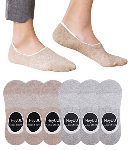 HeyUU 3 | 6 | 10 par herr- och dambomullsstrumpor osynliga sneakers strumpor med inre 8 halkfria silikonremsor halkfria strumpor, Grå x 3 + beige x 3, 35-38 EU