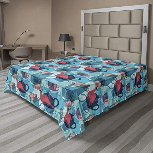 Ambesonne Tea Party Flat Sheet, Crockery Composition Abstract Overlapping Silhouettes Teapot and Cups, Soft Comfortable Top Sheet Decorative Bedding 1 Piece, California King, Dark Coral Pale Blue