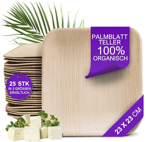 Waipur Piatti in Foglia di Palma Ecologici - 25 Pz Quadrati 23x23 cm - Stoviglie Monouso Compostabili di Alta Qualità - Eleganti e Resistenti - Simile al Bambu - Ideale per Feste