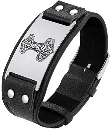 Bandmax verstellbare Manschette Armband für Männer Jungen Faux Leder Armband mit Porträt des Mjölnir Wirking Amulett Armband Armschmuck für Geburtstag Jahrestag