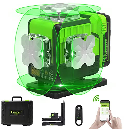 Huepar 4D Laser Level 16 Lines, Bluetooth 360 Lazer Level Self Leveling Green with Pulse Mode, Rechargeable Li-ion Battery Outdoor Leveler Laser Tool, Remote Control, Magnetic Bracket, Hard Carry Case