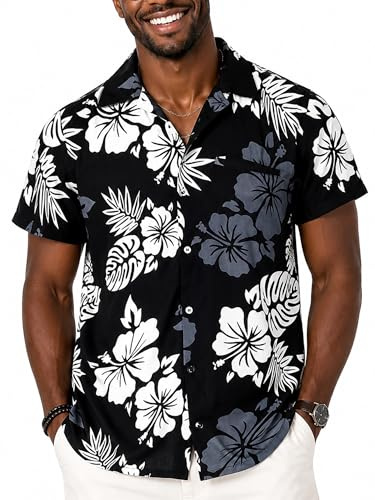 King Kameha Camisa Hawaiana para Hombre de Manga Corta con Estampado de Hibisco y Hojas Tropicales, Mono-Hibiscus, Negro-Blanco, XL
