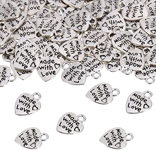 HERZWILD 200pcs Heart Charm Pendants ， Antique Silver Made with Love charm for Jewelry Making Necklace Bracelet Making Accessory (silver)