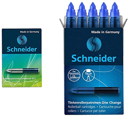 Schneider Universal Rollerpatrone 852 (185203, Strichbreite M, löschbar, 5-er Schachtel) Königsblau & 185403 Rollerpatrone One Change (für Tintenroller One Change, 1x 5 Stück) blau