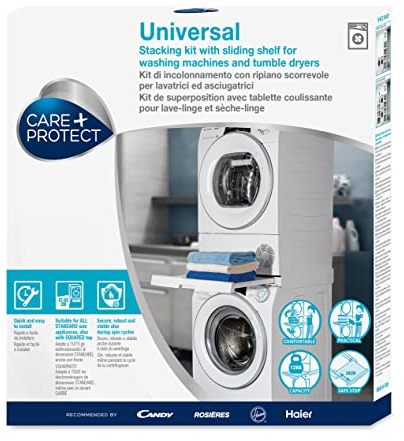 Care+Protect Univeral staplingssats med glidhylla för tvättmaskiner och torktumlare - lämplig för tvättmaskiner med djup 47-62 cm - fyrkantig kontrollpanel front - torktumlare med djup 58 cm