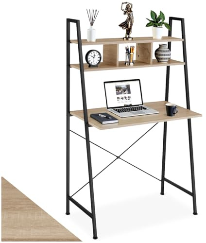 tectake® Ladder Desk with 2 Overhead Shelves, Computer Desk in Modern Design with Sturdy Steel Frame & Wood-Look Finish, Ideal Home Office, Bedroom & Study Table, 85.5 x 46.5 x 140 cm - Light Wood