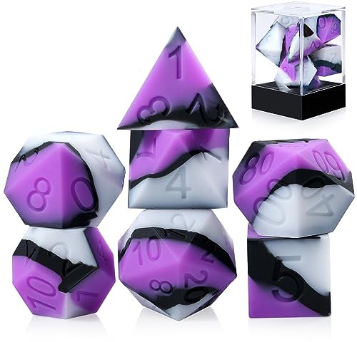 DNDND Set di 7 dadi in silicone per D&D con custodia in plastica trasparente, per giochi di ruolo da tavolo e giochi di ruolo da tavolo (viola, nero, bianco, fiore, 7 pezzi