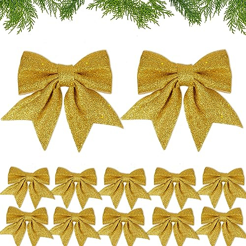 12PCS Noeuds de Ruban de Noël 12x15cm Grande Taille Arcs de Noël Ruban Nœuds Papillons Pailleté Decoration de Noël pour Sapin de Noël Emballage Cadeau Guirlande Voiture Mariage (Or)