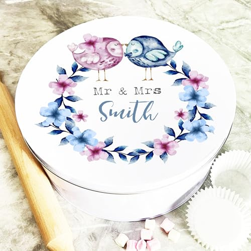 Round Mr & Mrs Wedding Blue Birds Personalised Cake Tin Personalised Gift | Custom Gift | Personalized Tin | Cake, Biscuit & Treat Tins | Gift For Her | Gift For Him