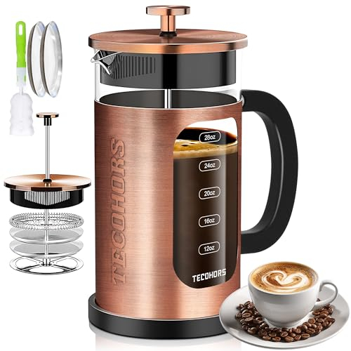 TECOHORS Caffettiera francese in acciaio inox 304, con sistema di 4 filtri, spessore resistente al calore, in vetro borosilicato resistente al calore, caffettiera prodotta (rame)