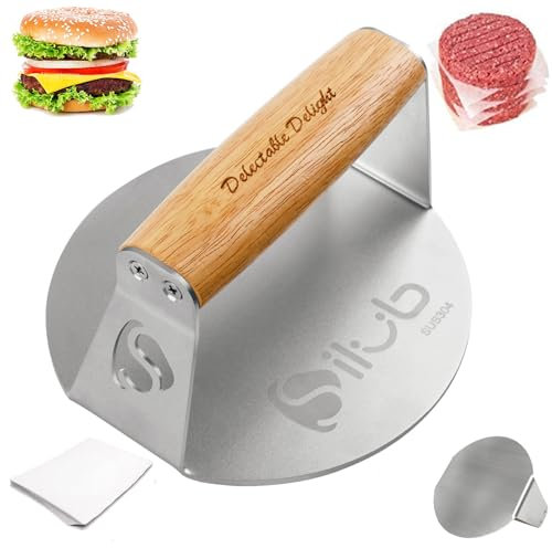 SILUB Burger Press Smasher,304 Stainless Steel with Teflon Coating 6.0 Inches Round with Wood Handle, Non-Stick Grill Press Perfect for Flat Top Griddle Grill Cooking (304-Teflon)