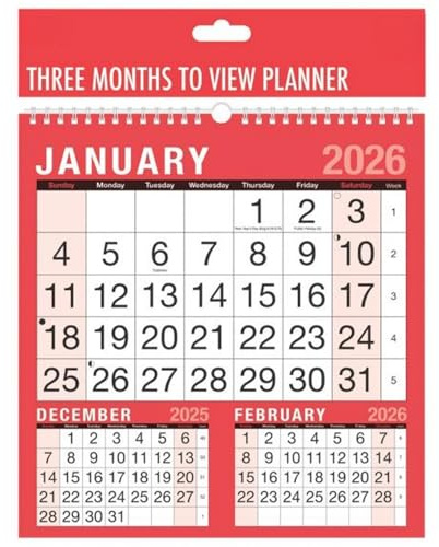 Zopper 2026 Three Month To View Calendar Spiral Bound Wall Planner for Home Business Office School 1 January 2026 to 31 December 2026