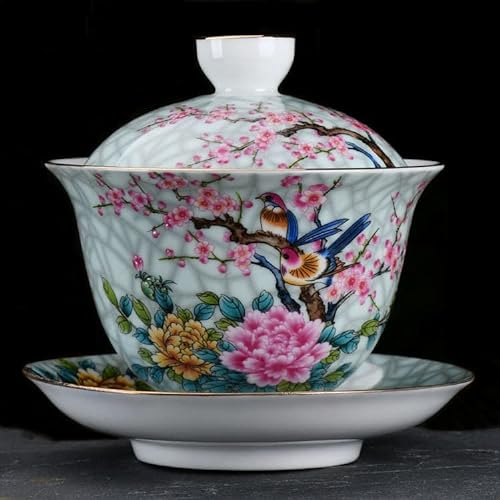 Gaiwan Tetera Porcelana Tazas y platillos de té de cerámica Tetera pequeña con infusor La Tetera de Oficina Juego de Tetera de Porcelana Teteras de Porcelana infusor (Cuenco con Tapa de pájaro Happy