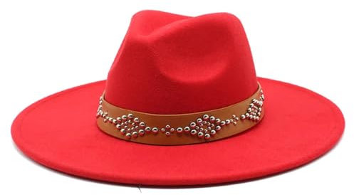 Pegsmio Damen-Jazz-Hut, Retro-Wollfilz, 9,5 cm breite Krempe, Kirche, Hochzeit, Straßenkleid, Kappe, rot, 6 7/8/7 1/8