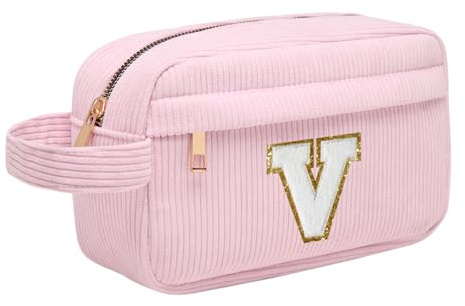 Initialen Make-up-Tasche, Cord-Kosmetiktasche, Reise Kulturbeutel mit Metall Reißverschluss, Tragbare Schminktasche Damen, Organizer, Weihnachts Geburtstagsgeschenke für Frauen Mädchen Rosa V